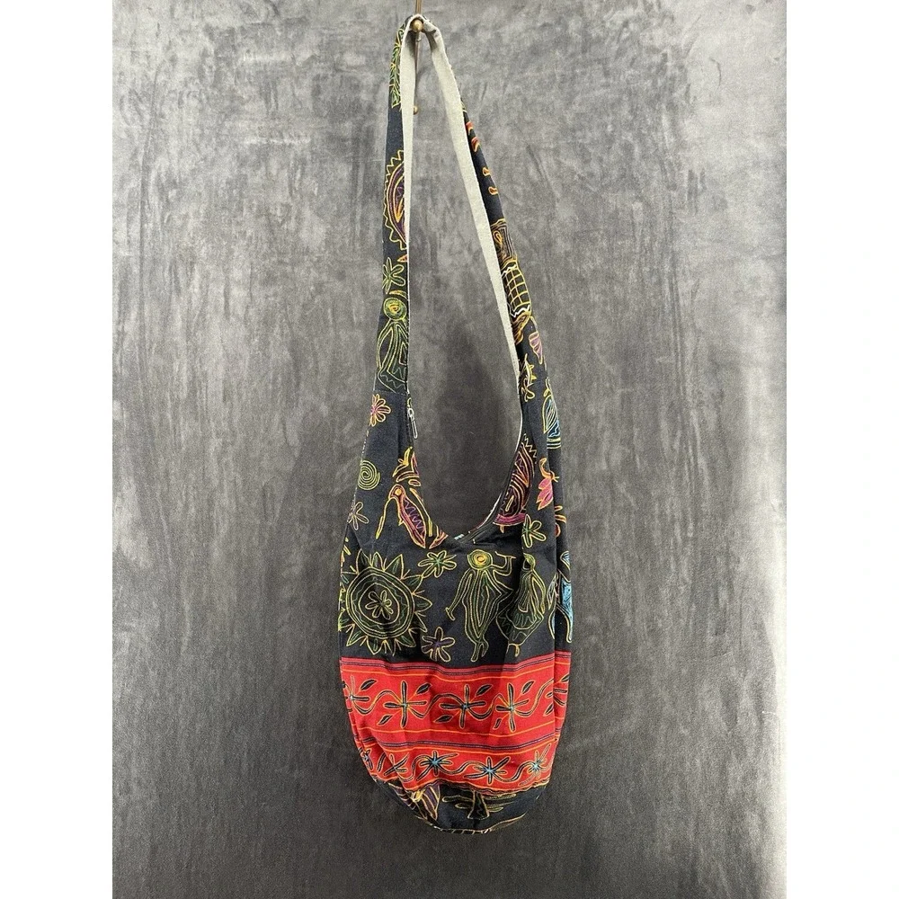 Boho Embroidered Crossbody Hobo Bag Black Floral Ethnic Festival Shoulder Tote